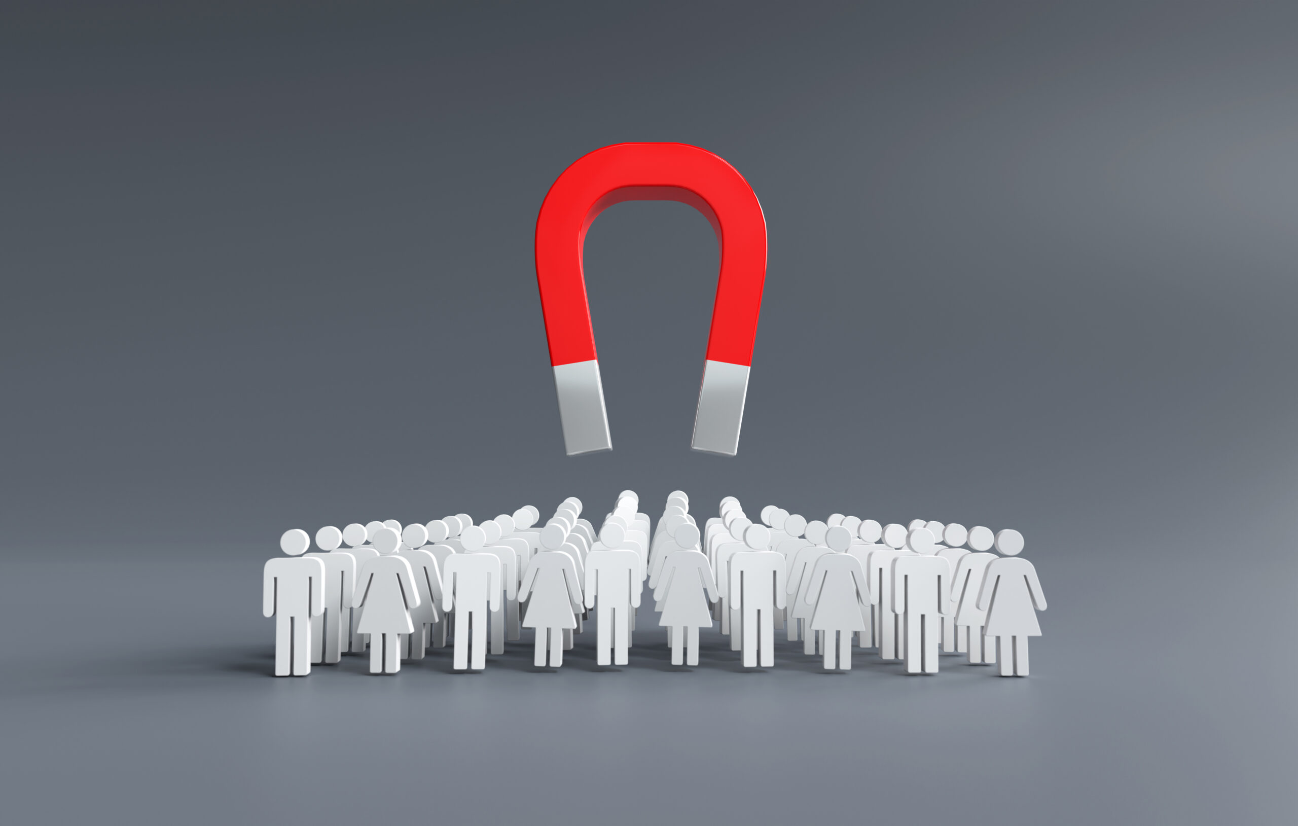 Magnets attracting customers, Business Lead ideas, Business team building, Recruiting people to join the team. 3D illustration